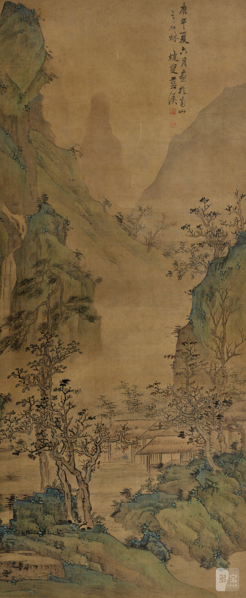 藍瑛 (款) 溪山幽居 設色絹本 立軸 題識：庚午夏六月畫於南山之石林。蜨叟藍瑛。鈐印：瑛印、田叔  Paysage - 图1